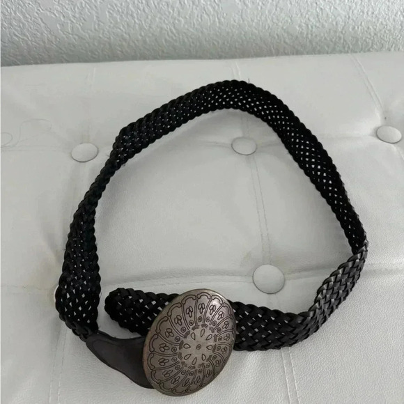 Braided‎ Black Leather Western Belt with Silver Concho Buckle Y2K